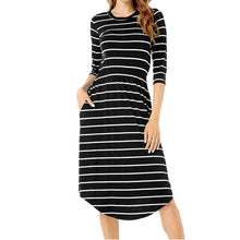 Load image into Gallery viewer, Three Quarter Autumn Dress Women Striped Fashion Irregular Knee Length O-Neck Casual
