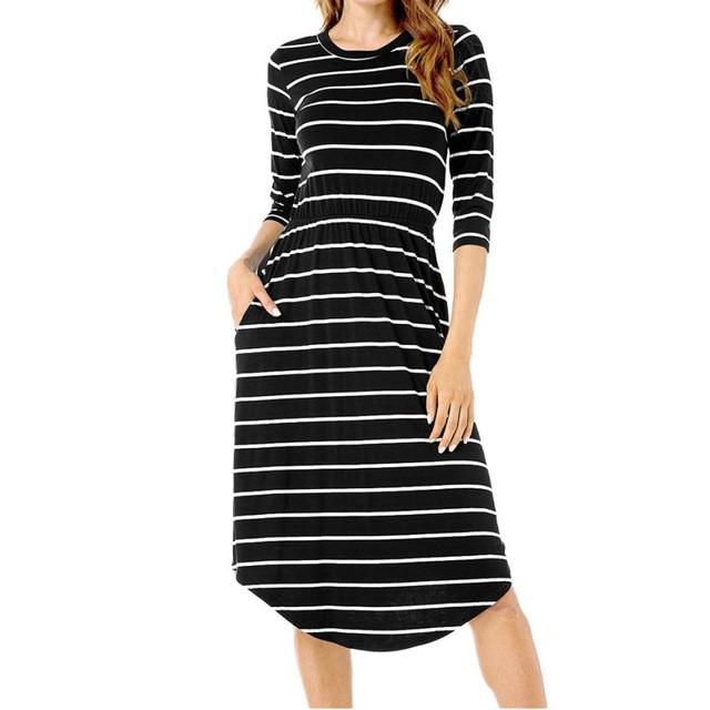 Three Quarter Autumn Dress Women Striped Fashion Irregular Knee Length O-Neck Casual